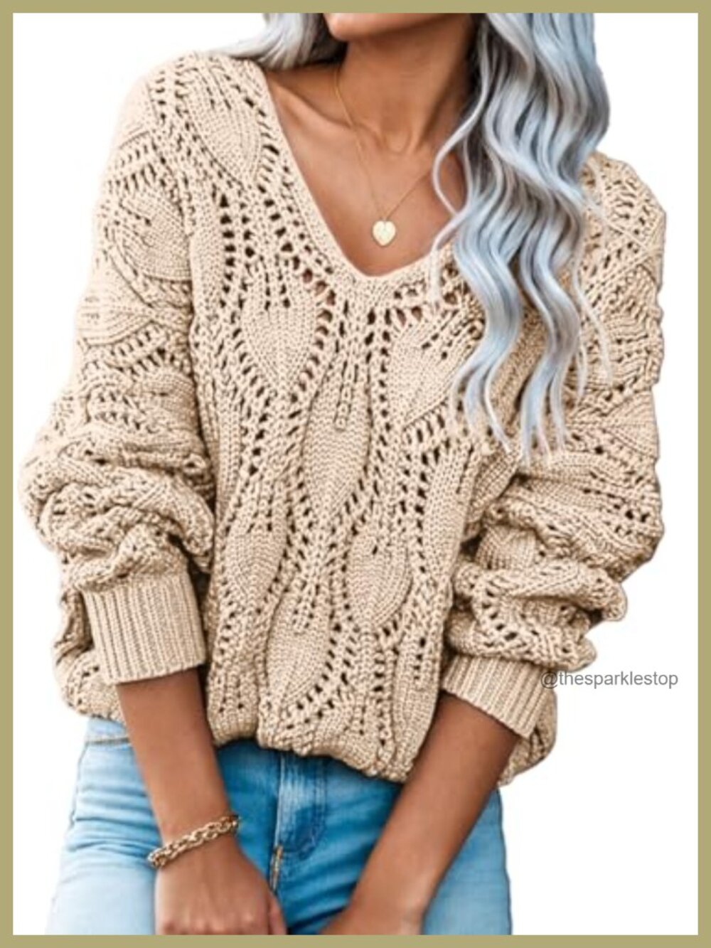Women's Crochet Hollow Out V Neck Pullover Sweater